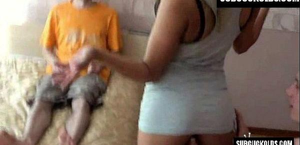  Submissive cuckold licking feet of his sexy Russian wife